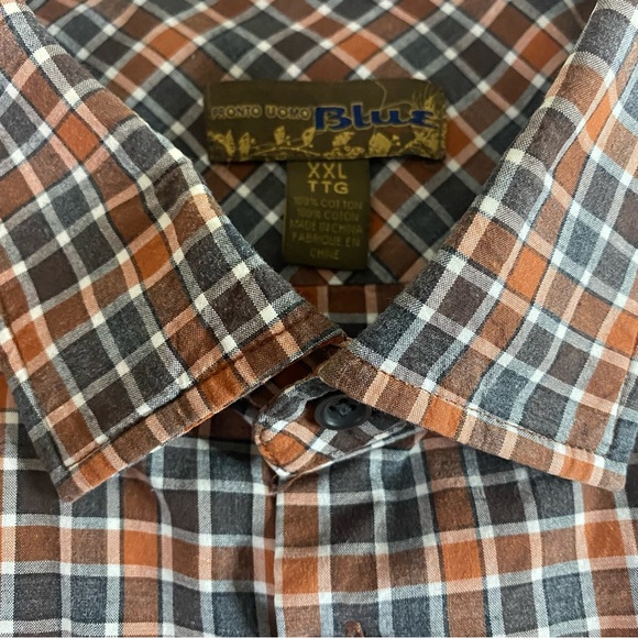 Pronto Uomo Blue Men’s XXL Orange Checkered Plaid Button-Up Collared Shirt - Picture 2 of 7